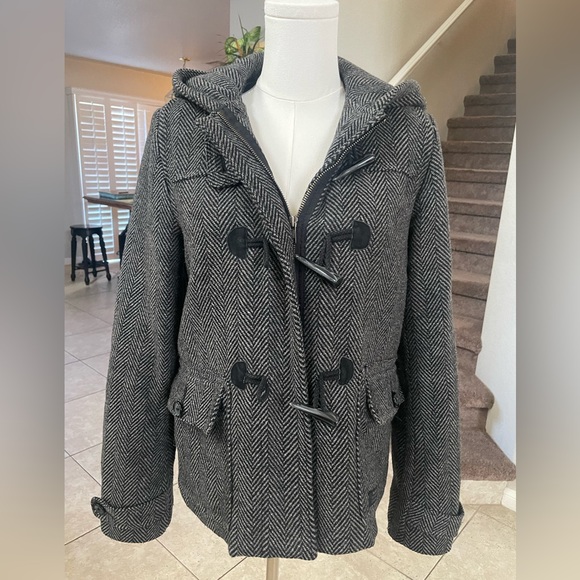 WeSC Thora Hooded Herringbone Wool Blend Duffel Coat Toggle + Zip Gray Size S - Picture 5 of 12